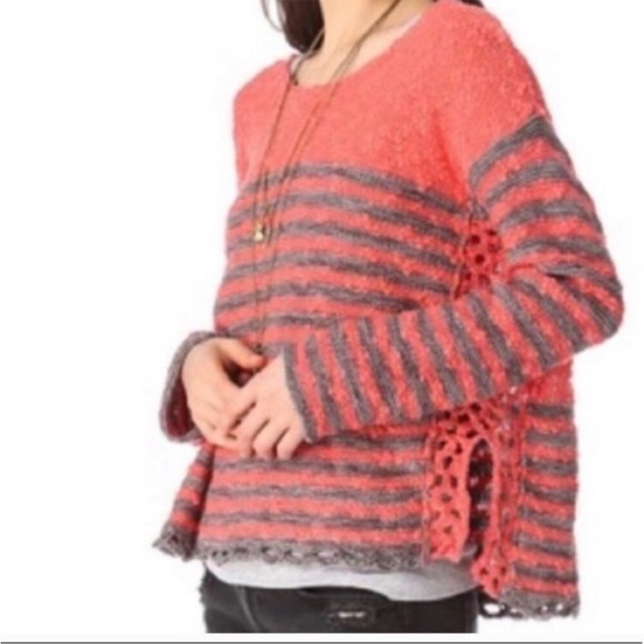 Free People Oversized Open Knit Sweater Stripe Weave Crochet Boho Scallop parka - Picture 2 of 9